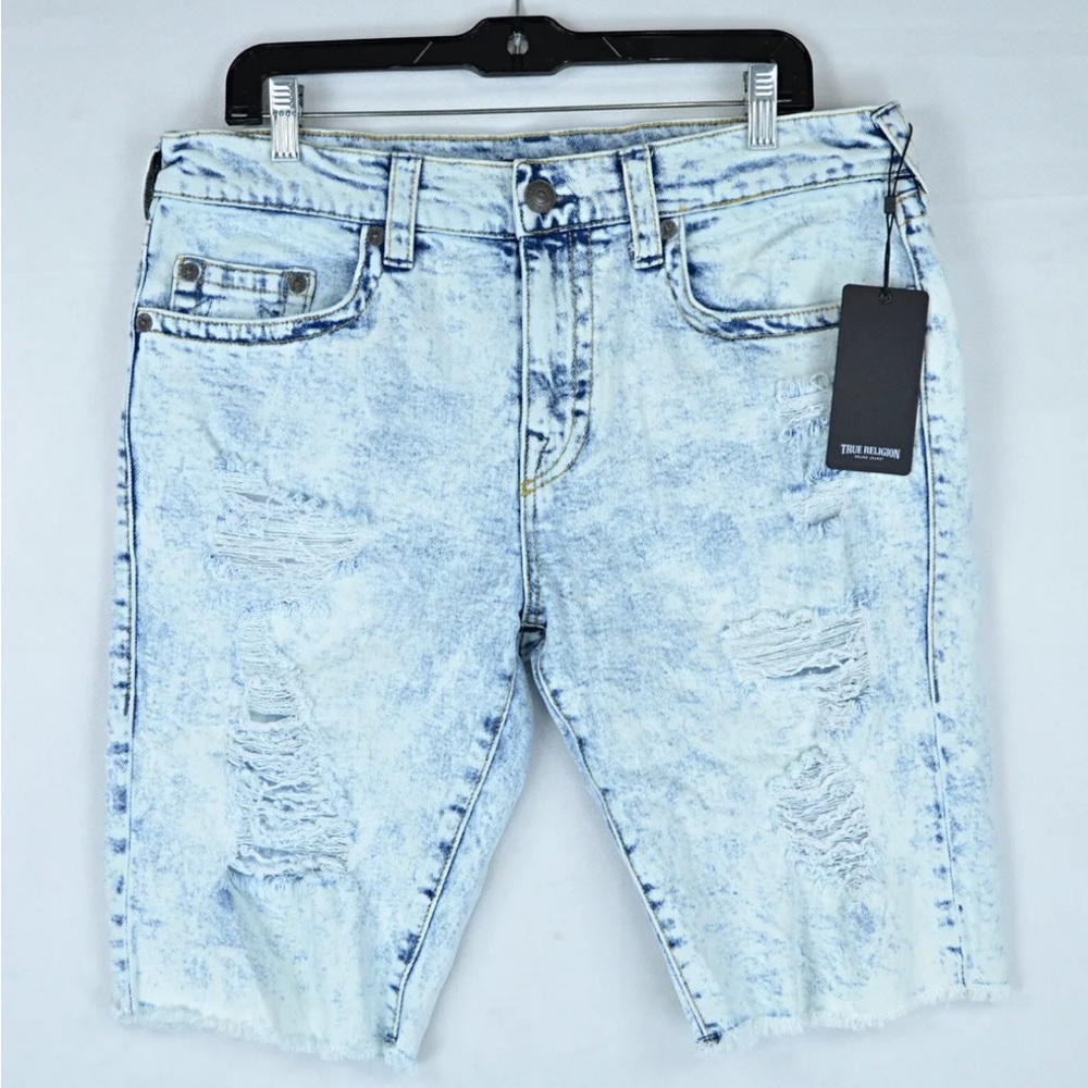 True Religion Ricky Raw Hem Dream Caught LT Wash Destroyed Denim Shorts
